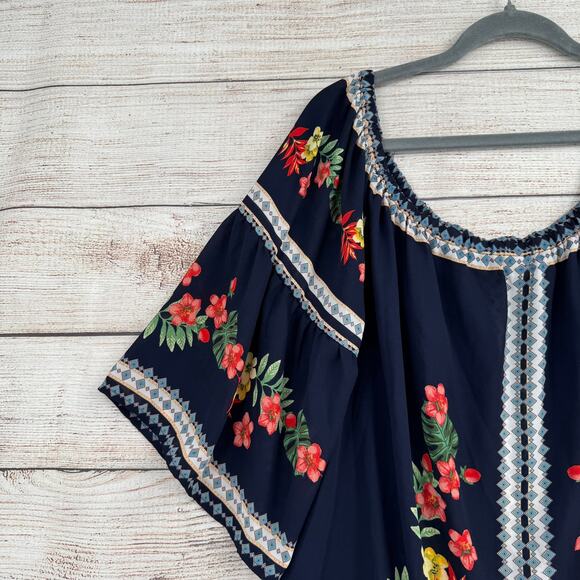 Flower & Feather Off Shoulder Floral Blouse Womens 2XL Navy Blue Semi Sheer - Picture 3 of 10